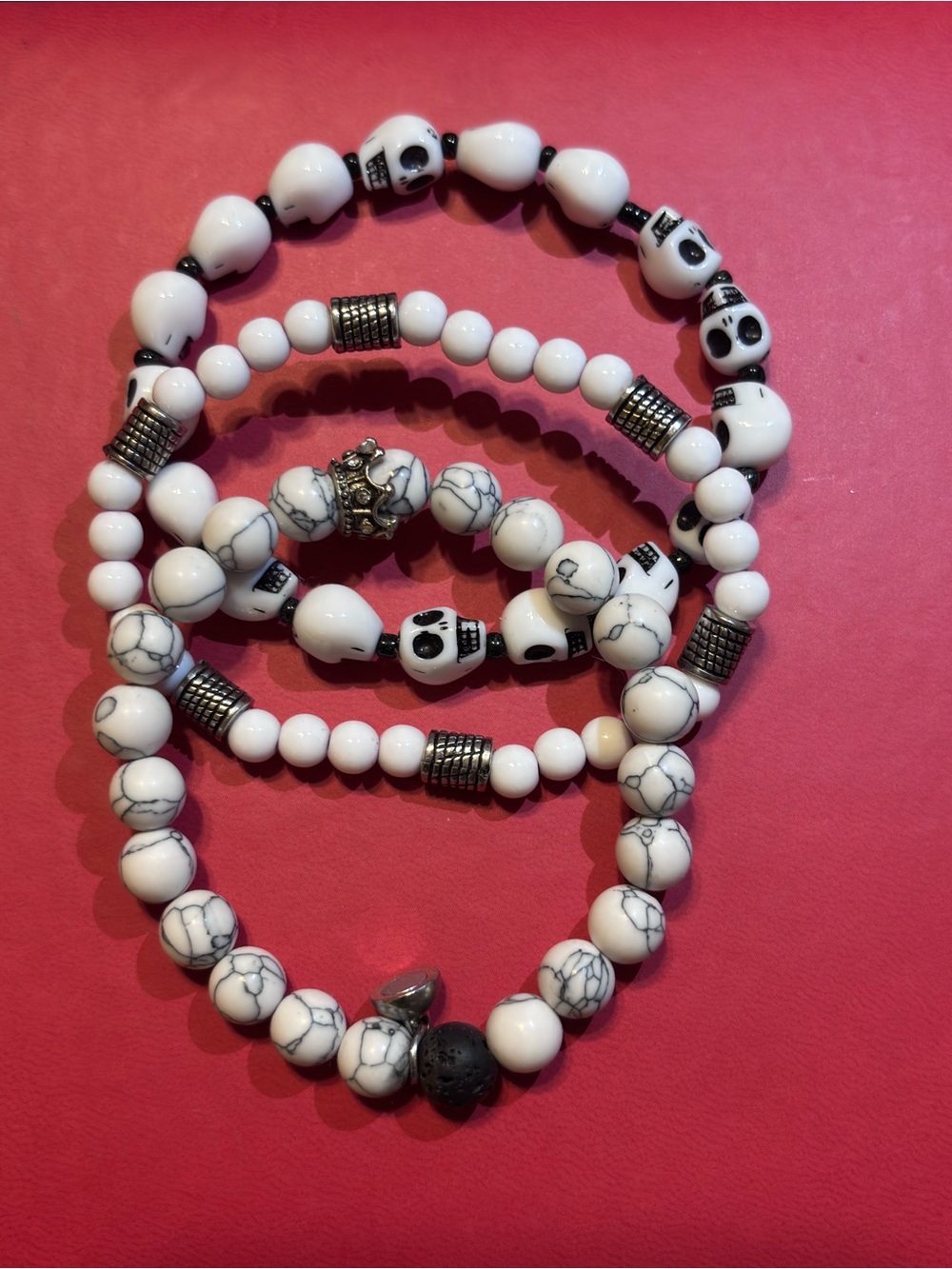 Set of White Howlite-Style Beaded Stretch Bracelets with Skulls & Crown Charm